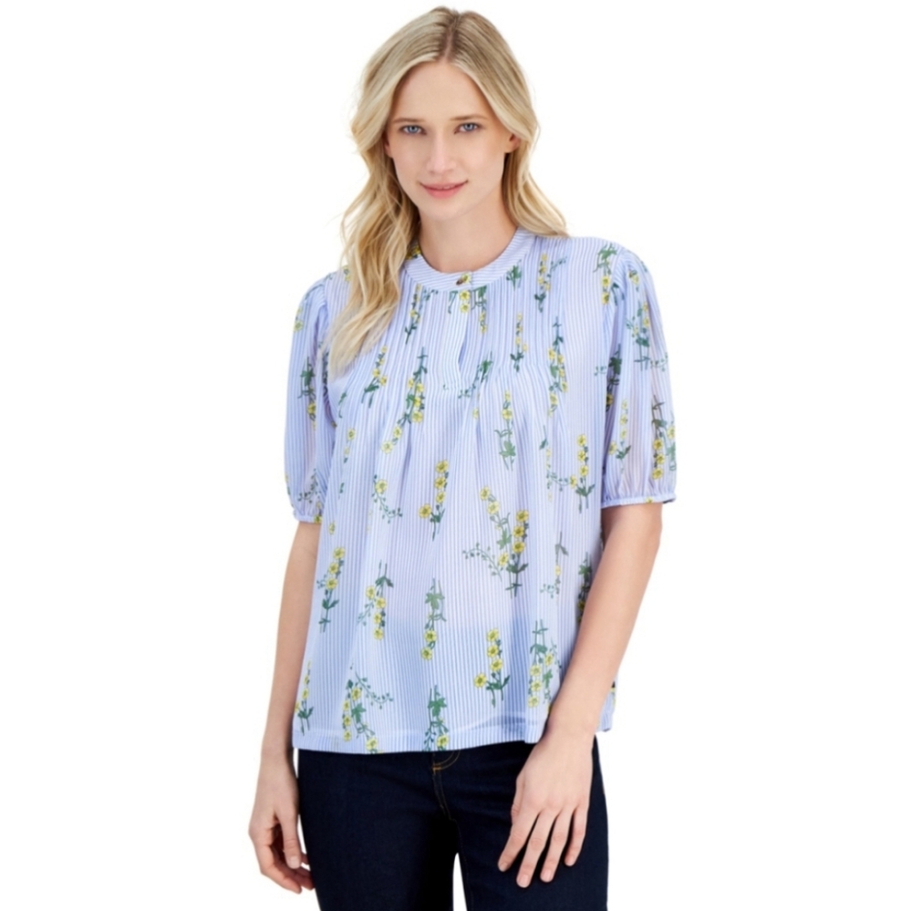 Nautica Printed Blue and White Striped Top with Yellow Floral Accent Blouse Sz S